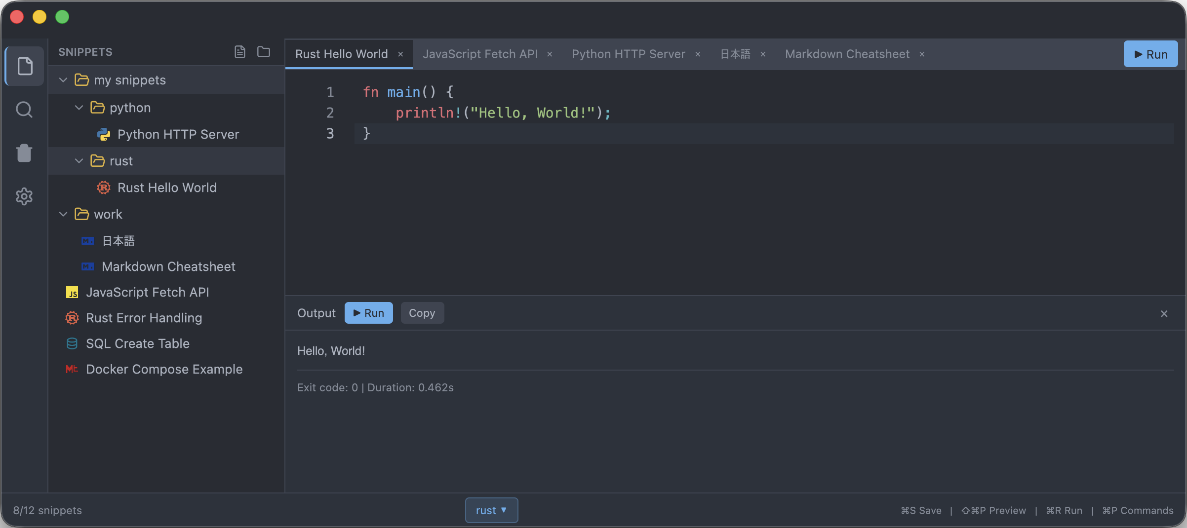 ZetoPad running a Rust snippet with the output panel showing the result