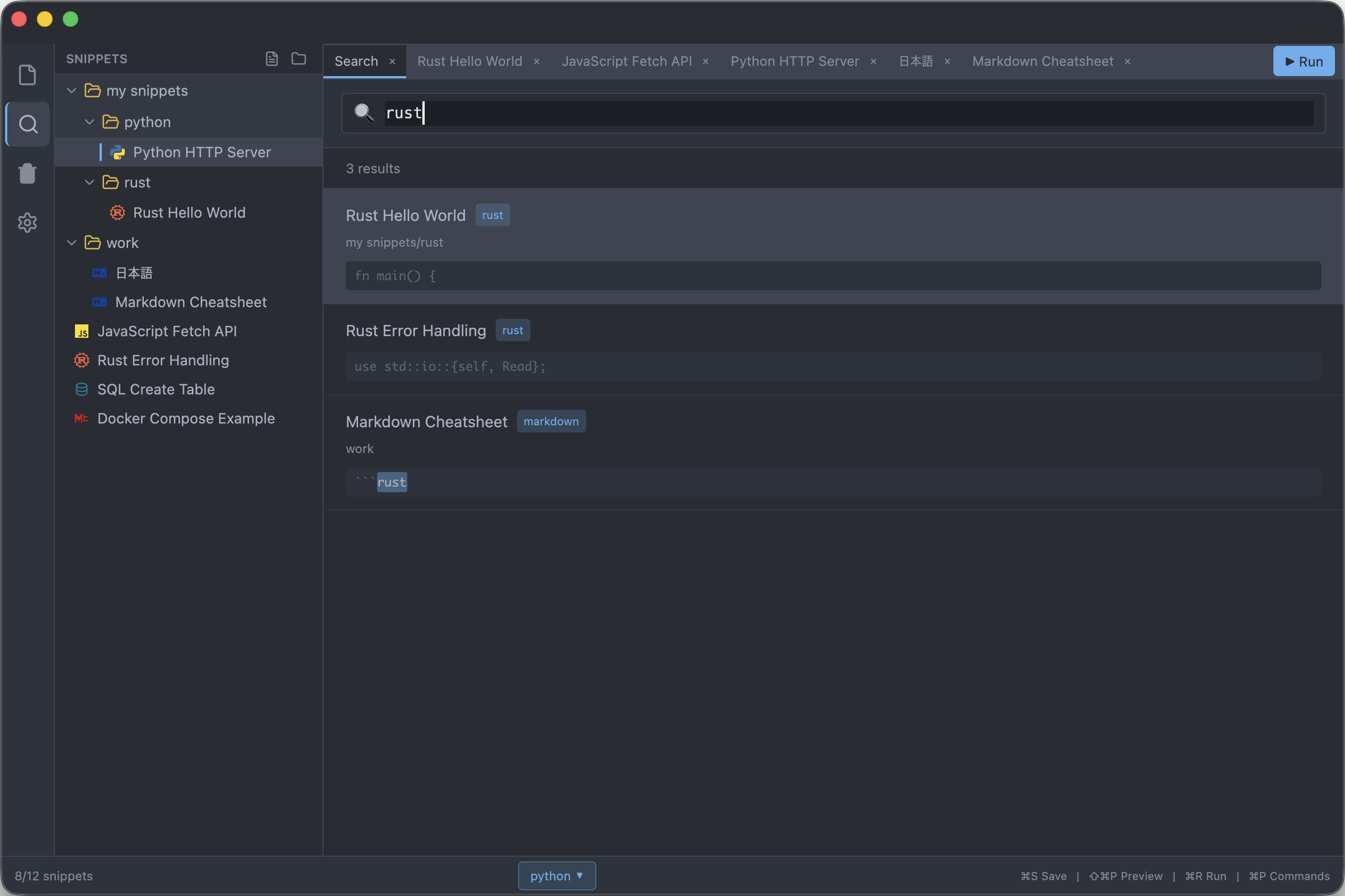 ZetoPad global search showing ranked results for a Rust query across folders and tags